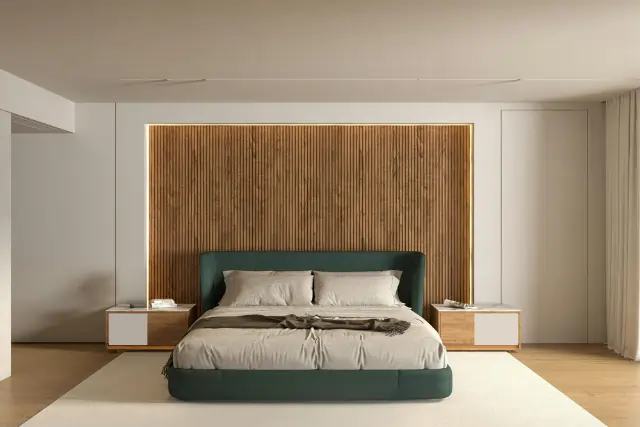 A modern bedroom featuring a bed with a wooden headboard and contemporary decor.