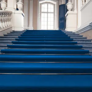 A blue carpet in dubai covers the stairs, adding color and texture to the staircase.