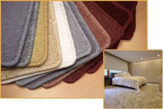 A variety of premium carpet samples in different colors displayed on a table, with a cozy bedroom showcasing installed carpets in Dubai