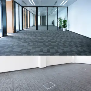 Two office spaces featuring stylish carpet tile flooring in dark and light shades, showcasing premium commercial carpets in Dubai designed for modern office interiors. Two office spaces featuring stylish carpet tile flooring in dark and light shades, showcasing premium commercial carpets in Dubai designed for modern office interiors.