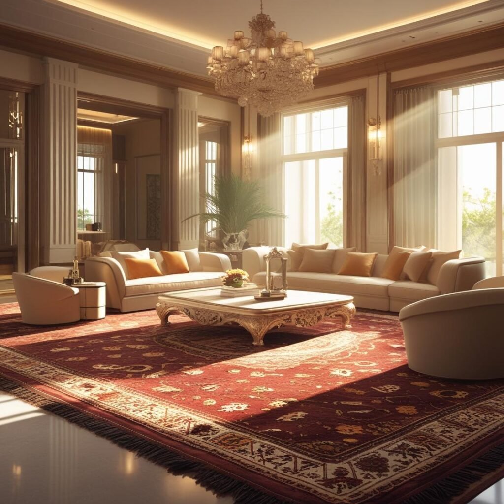 Luxurious living room featuring a handmade rug perfectly placed under a coffee table