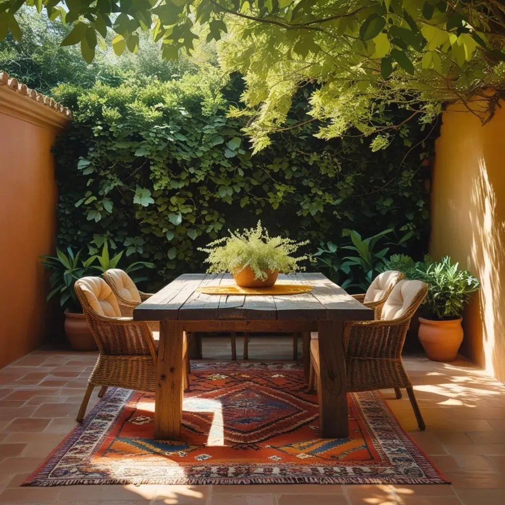 Outdoor area with rug is installed under a big table with some chairs are around the table